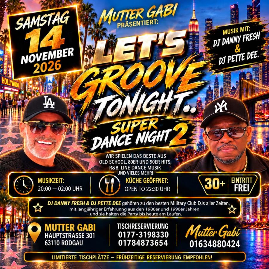 Flyer: Let’s groove tonight – Super Dance Night 2 am Samstag, 14. November 2026 bei Mutter Gabi in Rodgau