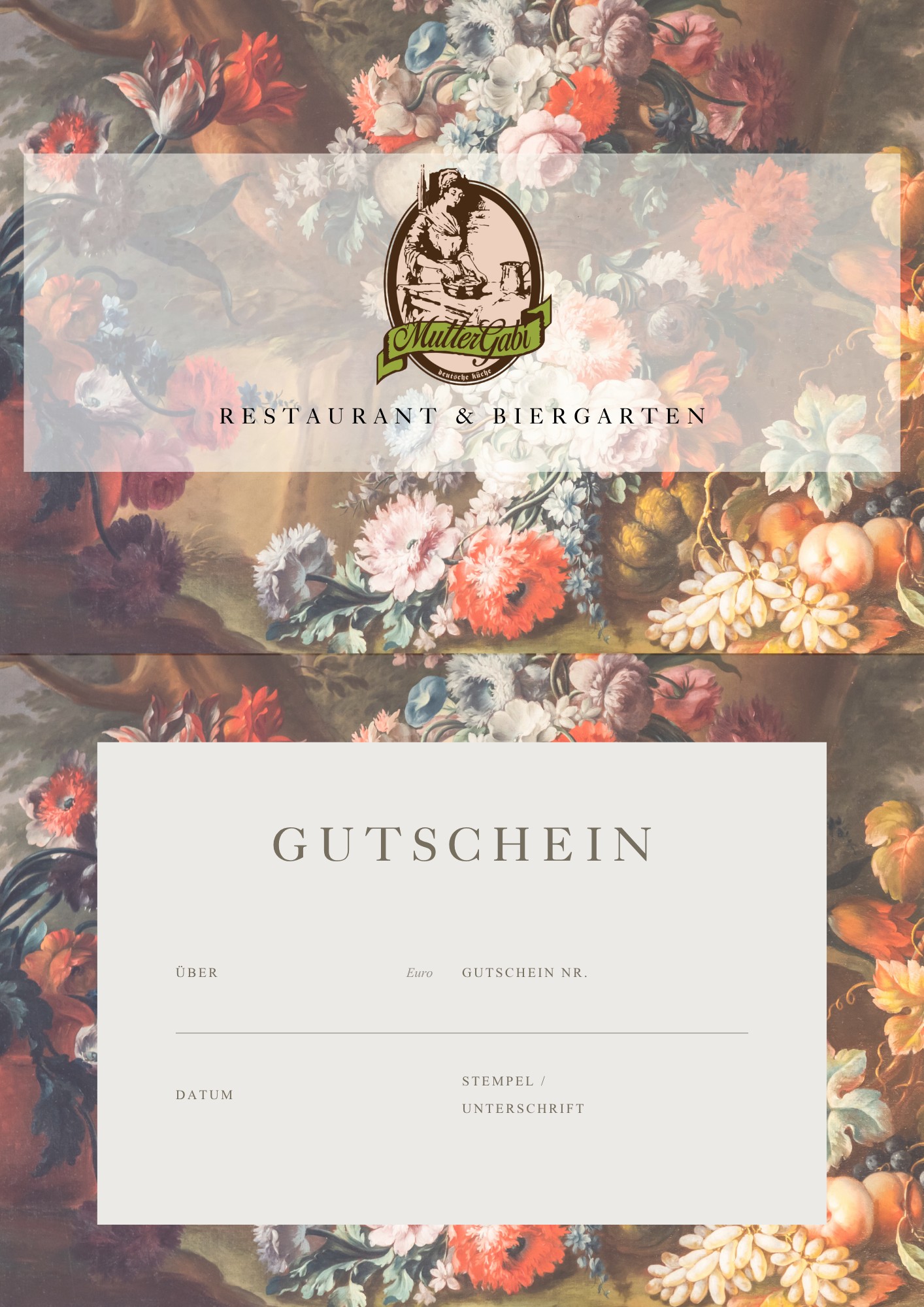 Gutschein von Mutter Gabi: oben Vorderseite mit Logo, unten Rückseite mit Feldern für Betrag, Gutscheinnummer, Datum und Unterschrift